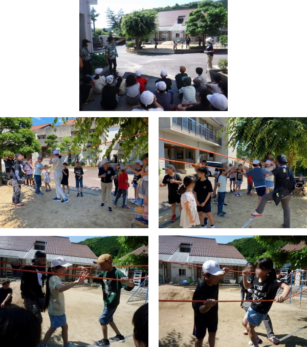 ユーザー名：出雲市立稗原小学校　校長　加藤道夫 開催年月日：令和6年6月18日（火） 活動分野：森とのふれあい活動 サポーター名：（団体）NPO法人緑と水の連絡会議  子どもたちが、樹木に触れることを通して自然の豊かさや地域の良さを友達と共有するため、校庭にある樹木を利用してスラックラインを楽しみました。 子どもたちは、校庭にある桜の木にロープを通し二手に分かれてスラックラインを使ってじゃんけんゲームに興じました。自然の恵みを感じながらとても楽しくスラックラインに取り組むことができました。 子どもたちは、「スラックラインでチームのみんなと協力出来てよかったです。」「はじめは怖くて乗れそうになかったけど、最後には楽しくできて良かったです。」「スラックラインはとても楽しかったしいい運動になりました。木にロープを巻きつけて楽しく遊べたので家でもやってみたいと思いました。」などと、スラックラインを存分に楽しんだ様子を嬉しそうに話してくれました。"